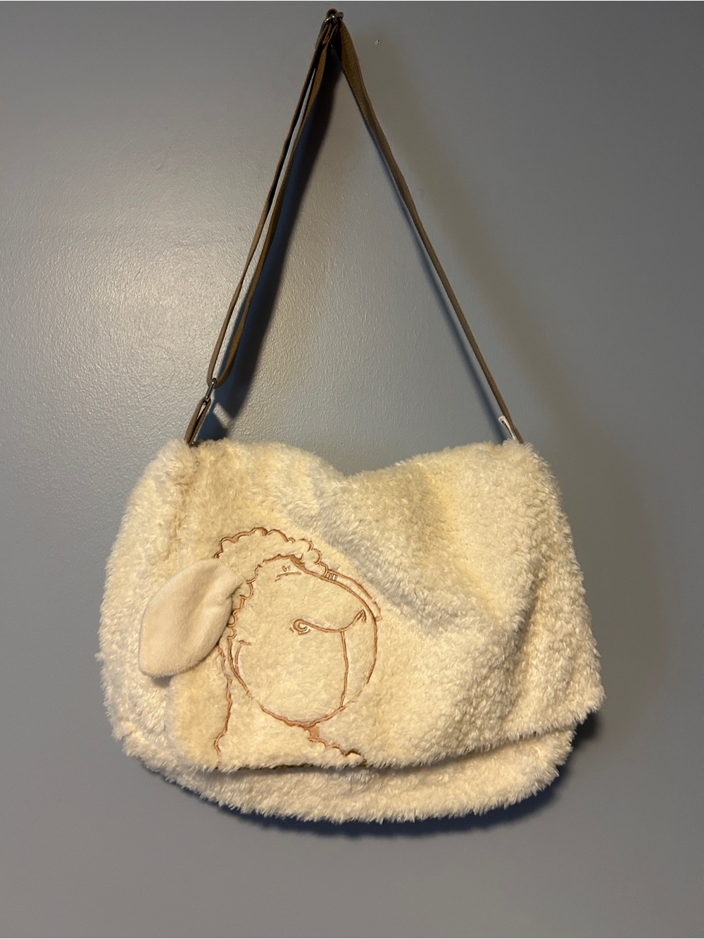 Nici Jolly Mah Cream Faux Shearling Shoulder Bag with Embroidered Lamb